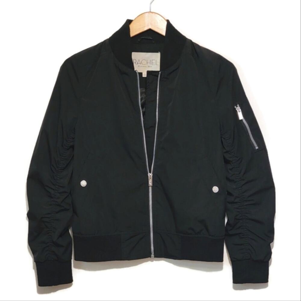 Rachel Roy Black Bomber Jacket Ruched Sleeve Zip Front Chic Trendy Casual XS